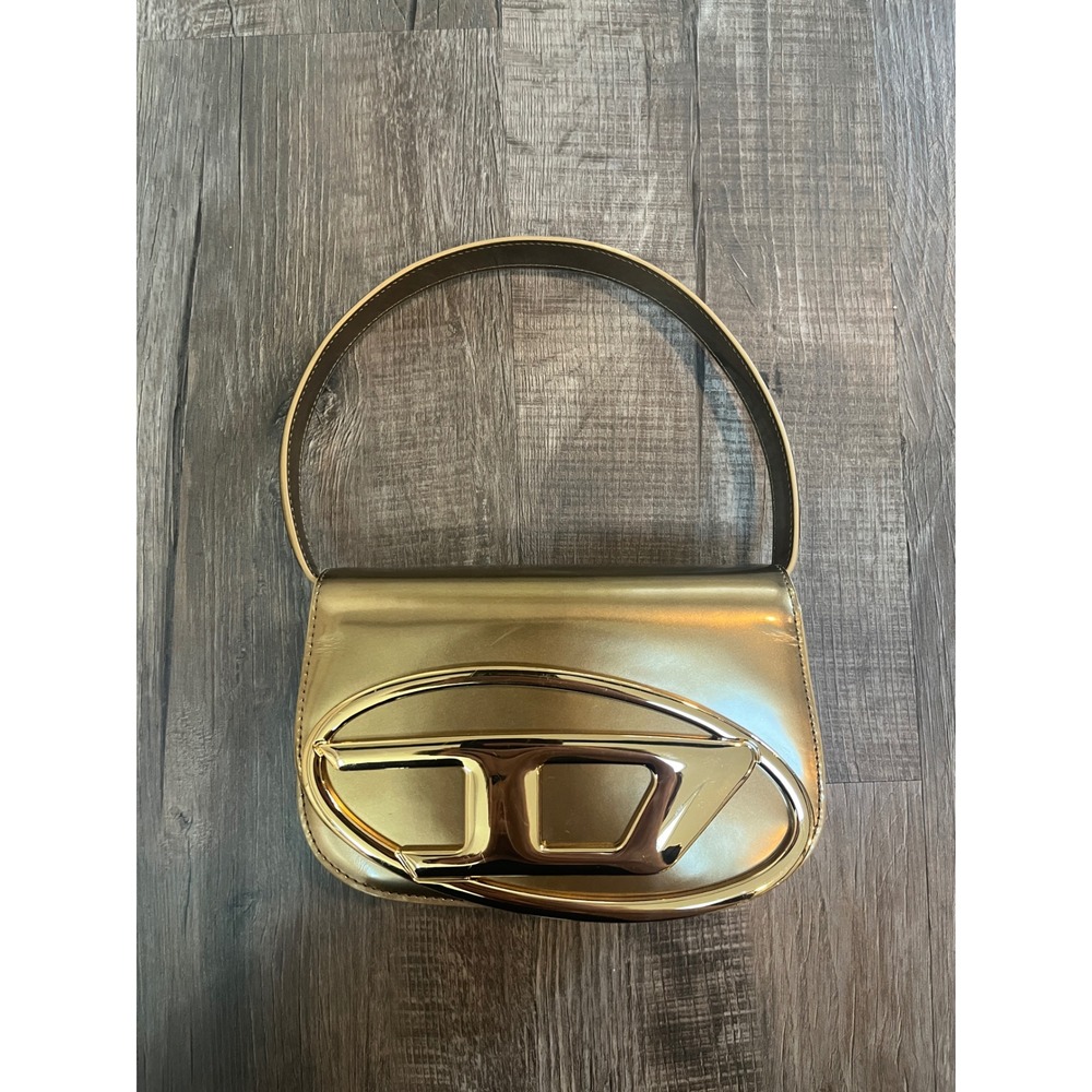 Diesel 1DR Gold Metallic Leather Shoulder Bag Oval D Logo Y2K Handbag